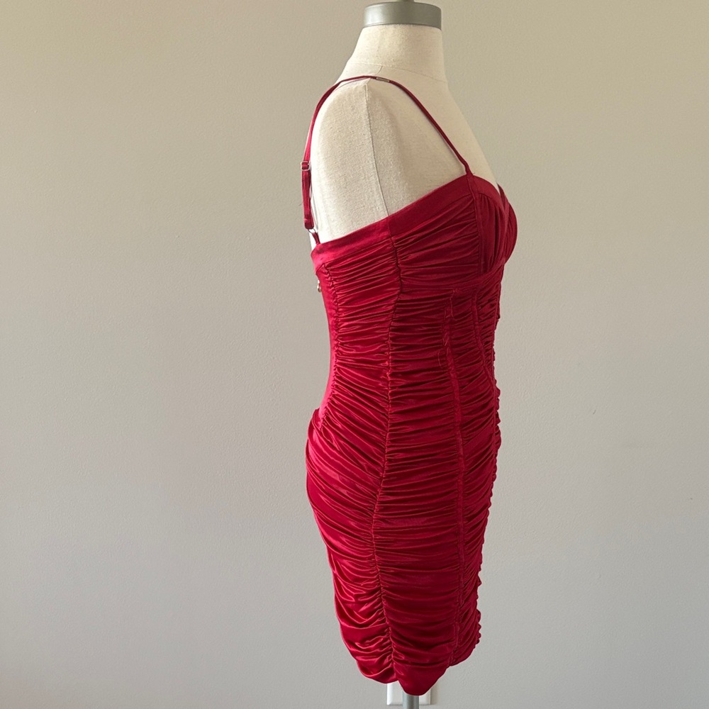 bebe Red Ruched Spaghetti-Strap Mini Dress - Picture 3 of 13